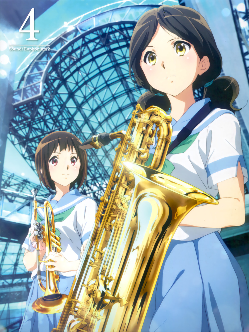 2girls album_cover baritone_saxophone blue_skirt blurry bob_cut bow brown_hair building closed_mouth cloud cover cowboy_shot day depth_of_field dvd_cover forehead green_bow green_neckerchief green_ribbons hibike!_euphonium highres holding holding_instrument holding_saxophone ikeda_shouko instrument kitauji_high_school_uniform looking_at_another looking_at_viewer looking_away mole mole_under_eye multiple_girls nakaseko_kaori neck_ribbon neckerchief official_art ogasawara_haruka outdoors pleated_skirt red_eyes ribbon sailor_collar saxophone school_uniform serafuku short_hair short_sleeves short_twintails skirt sky standing station strap swept_bangs trumpet twintails yellow_eyes