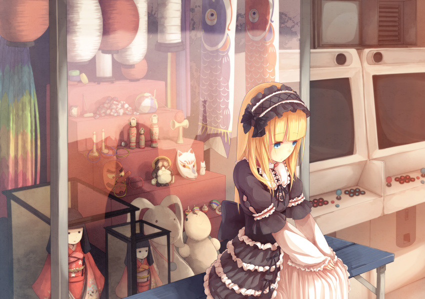 arcade_cabinet ball beachball blonde_hair blue_eyes bonnet bow commentary_request dararito doll dress female fox_mask frills gothic_lolita hairband hands_on_own_knees highres japanese_clothes kendama kimono lantern lolita_fashion lolita_hairband long_hair maneki-neko mask original paper_lantern solo spinning_top stuffed_animal stuffed_rabbit stuffed_toy temari_ball tengu_mask toy