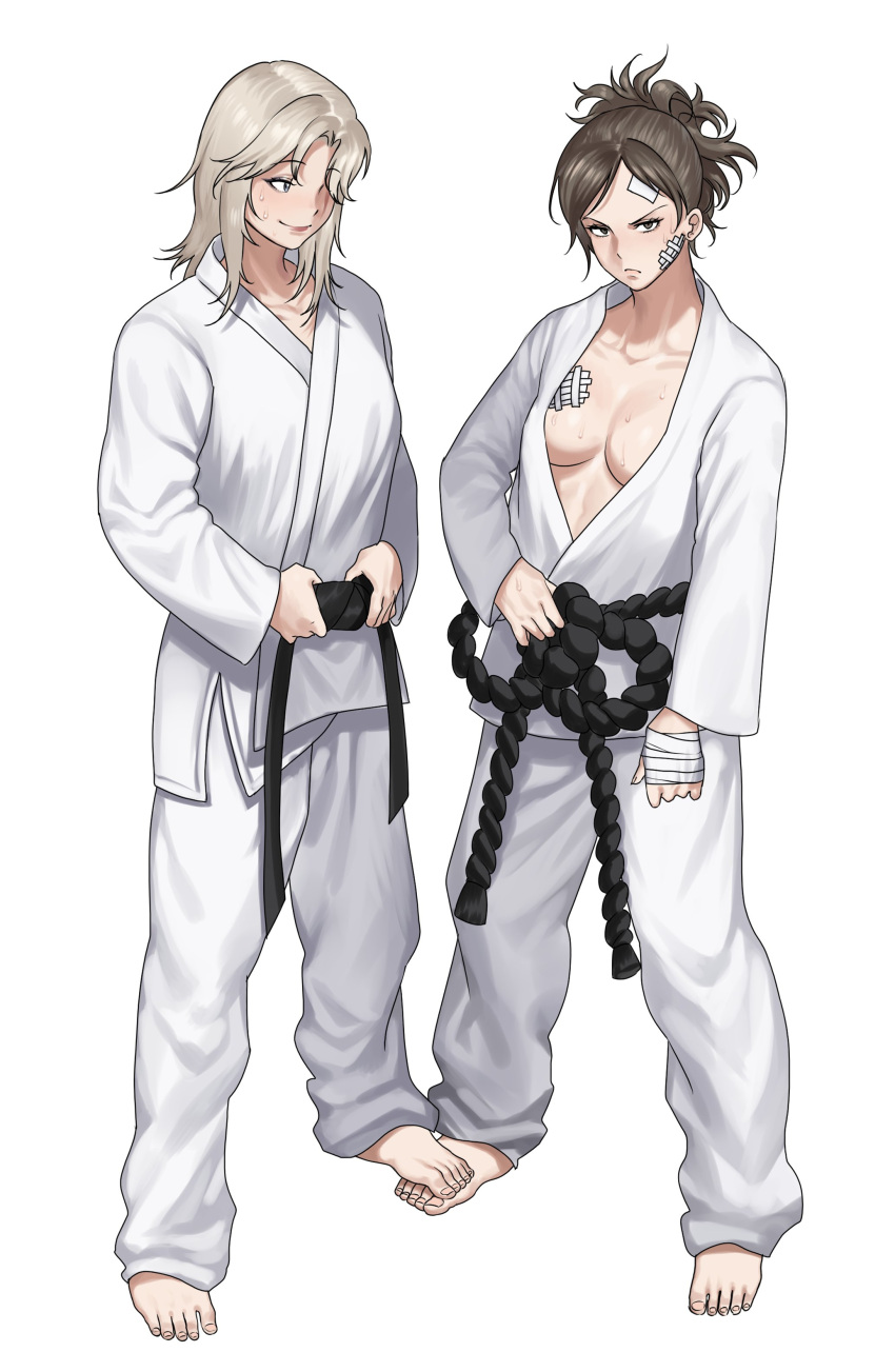 2girls absurdres alternate_costume baggy_pants bandaged_hand bandages bandaid bandaid_on_breast bandaid_on_cheek bandaid_on_face barefoot belt black_belt black_hair breasts collarbone commission dougi english_commentary hair_over_one_eye hanny_(uirusu_chan) highres karate_gi kazama_asuka lidia_sobieska looking_at_viewer martial_arts_belt medium_breasts medium_hair multiple_girls no_bra pants rope_belt sweat tekken tekken_7 toes updo white_background white_hair