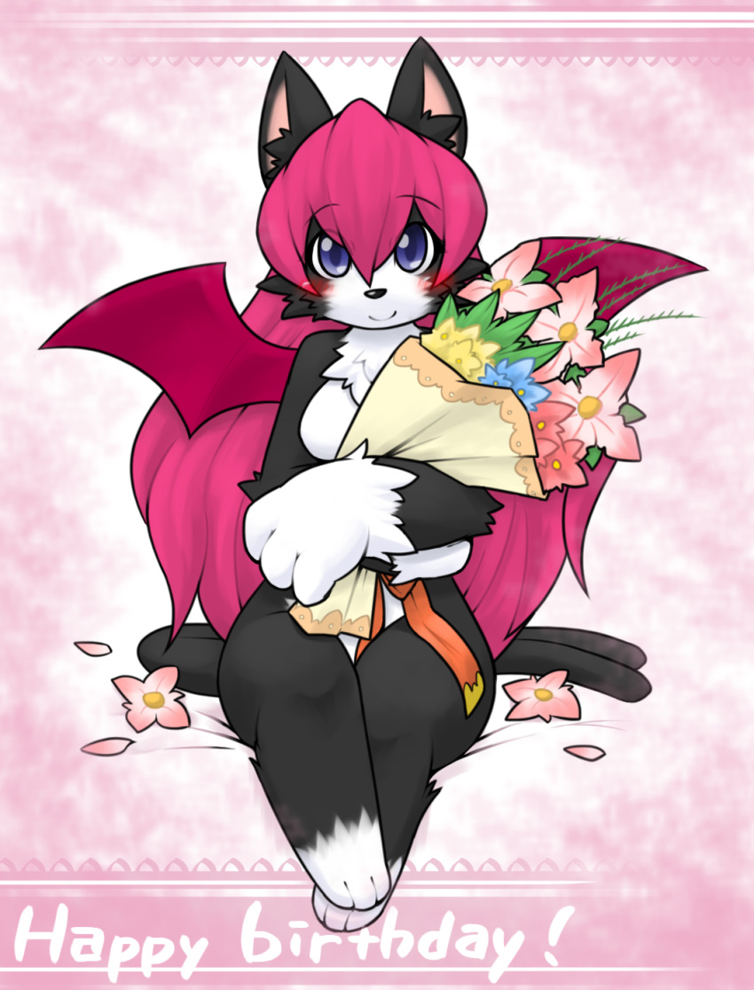 animal_ear_fluff animal_ears animal_feet animal_hands animal_nose black_fur blue_eyes blue_flower blush body_fur bouquet breasts cat_ears cat_girl cat_tail character_request closed_mouth commentary_request crossed_arms demon_wings english_text feet female flower forked_tail full_body furry furry_female hair_between_eyes handymonsters happy happy_birthday highres holding holding_bouquet kame_(3t) legs legs_together long_hair looking_at_viewer neck_fur no_nipples petals pink_background pink_flower pink_hair red_flower red_wings sidelocks sitting small_breasts smile solo straight-on tail two-tone_fur white_fur wings yellow_flower