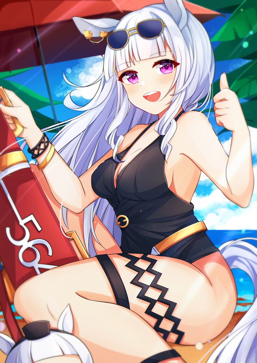 :d absurdres animal_ears beach blue_sky blunt_bangs breasts chinese_commentary cleavage cloud cloudy_sky commentary earrings eyewear_on_head female gold_ship_(run_revolt_launcher)_(umamusume) gold_ship_(umamusume) highres horse_ears horse_girl horse_tail jewelry long_hair looking_at_viewer mixed-language_commentary number_pun official_alternate_costume one-piece_swimsuit open_mouth outdoors palm_tree purple_eyes purple_hair roppongi_(fmcn7578) sand sky smile solo sunglasses swimsuit tail thumbs_up tree umamusume umbrella water