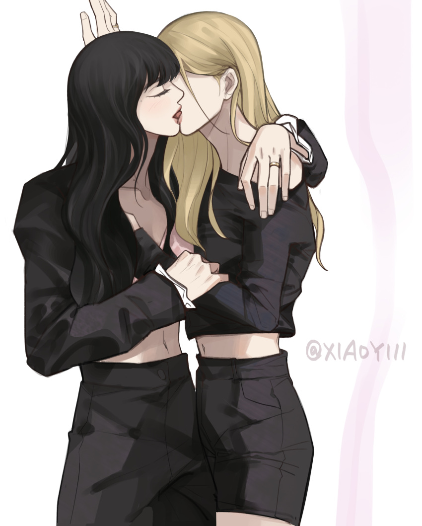 2girls arm_around_shoulder black_hair blackpink blonde_hair closed_eyes commentary_request crop_top french_kiss highres jewelry k-pop kissing lisa_(blackpink) midriff mole mole_under_eye morethanicansa5 multiple_girls navel real_life ring rose_(blackpink) tongue tongue_out twitter_username yuri