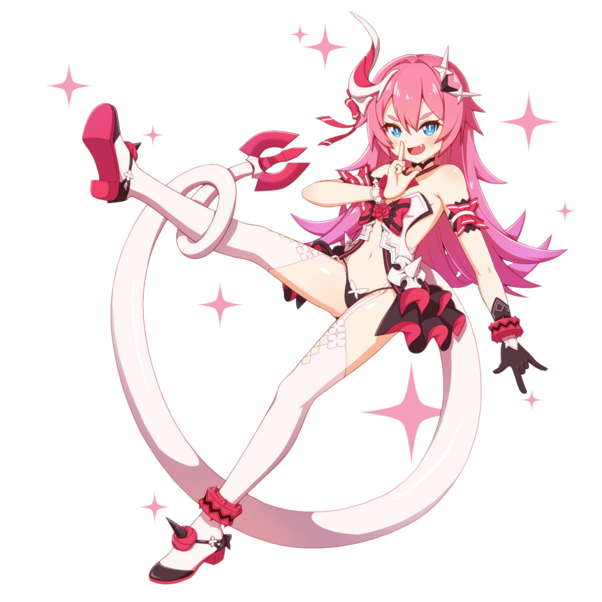 :d bare_shoulders black_gloves blue_eyes boots female full_body gloves hair_between_eyes hair_ornament highres honkai_(series) honkai_impact_3rd horns long_hair looking_at_viewer navel open_mouth pink_hair rozaliya_olenyeva simple_background single_glove single_horn sizque smile solo tail tail_around_own_leg thigh_boots thighhighs white_background white_footwear