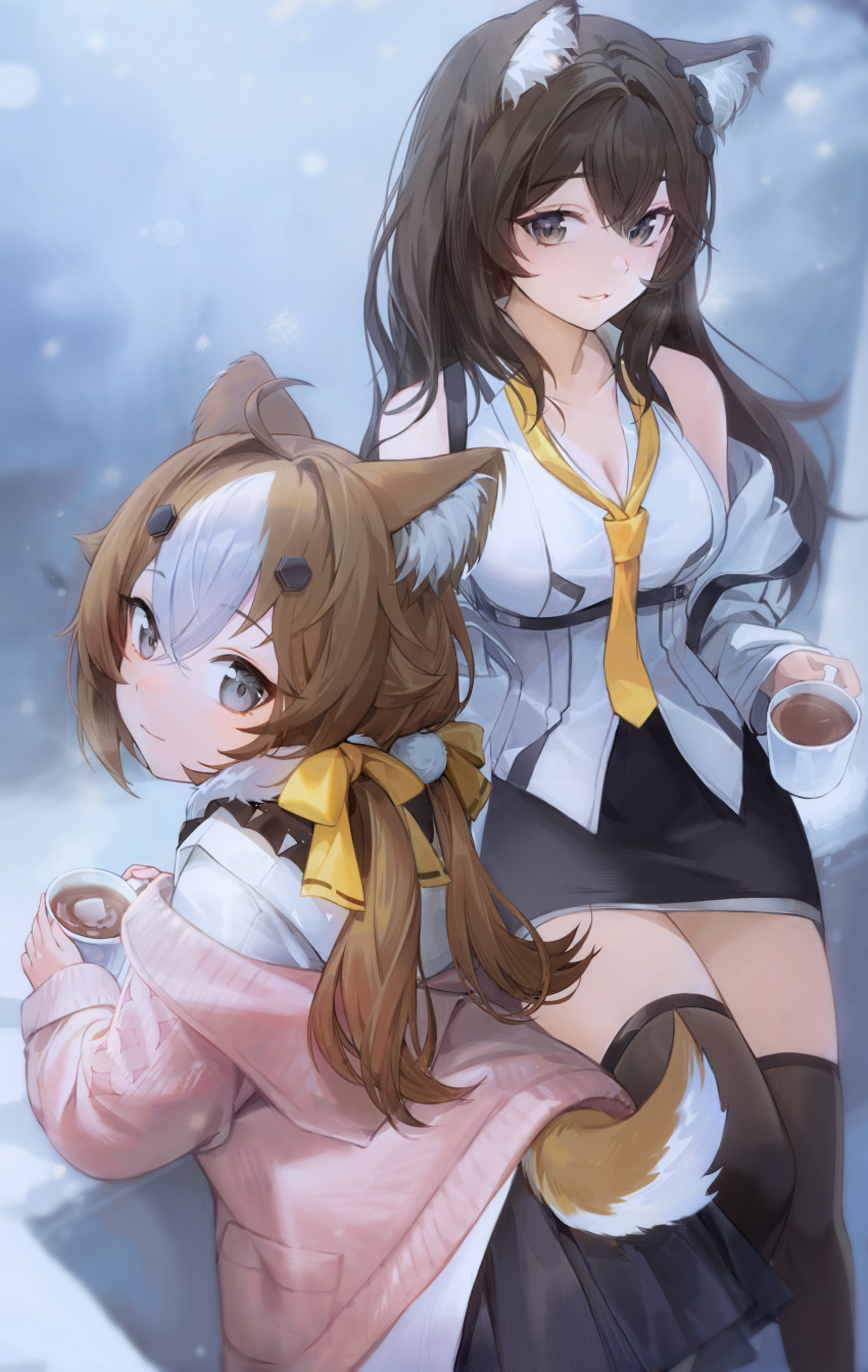 2girls absurdres ahoge animal_ear_fluff animal_ears bare_shoulders black_skirt black_thighhighs bow breasts brown_eyes brown_hair cleavage closed_mouth collarbone collared_shirt commentary_request cup dress_shirt girls'_frontline girls'_frontline_neural_cloud grey_eyes hair_between_eyes hair_ornament hairbow hannah_(neural_cloud) hansum highres holding holding_cup jacket long_hair long_sleeves looking_at_viewer low_twintails medium_breasts mug multicolored_hair multiple_girls necktie off_shoulder parted_lips pink_jacket pleated_skirt puffy_long_sleeves puffy_sleeves shirt skirt sleeveless sleeveless_shirt smile snowing steam tail tail_through_clothes thighhighs turing_(neural_cloud) twintails two-tone_hair very_long_hair white_hair white_shirt yellow_bow yellow_necktie