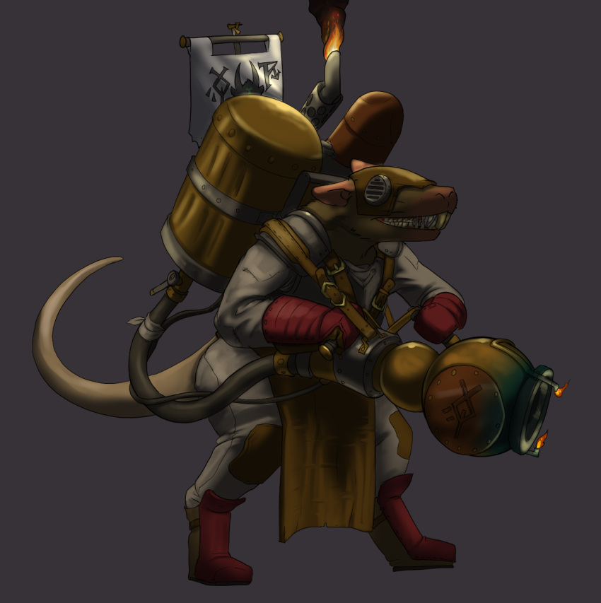 anthro apron armor banner boots brown_body brown_fur clothing fire flamethrower footwear fuel_tank fur gloves handwear harness hi_res leather leather_clothing leather_gloves leather_handwear male mammal mask murid murine nozzle oniontrain ranged_weapon rat rodent skaven smile solo standing warhammer_(franchise) warhammer_fantasy weapon