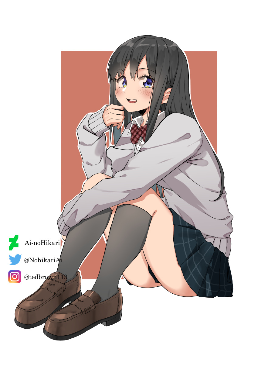 absurdres ai-nohikari black_hair blue_eyes blue_skirt blush bow bowtie brown_footwear collared_shirt commentary deviantart_logo deviantart_username english_commentary female full_body grey_socks grey_sweater hair_between_eyes hand_on_own_leg highres instagram_logo instagram_username kneehighs loafers long_hair long_sleeves looking_at_viewer open_mouth original outline plaid plaid_bow plaid_bowtie plaid_skirt pleated_skirt red_background school_uniform shirt shoes sitting skirt smile socks solo straight_hair sweater teeth thighs twitter_logo twitter_username two-tone_background upper_teeth_only watermark white_background white_outline white_shirt