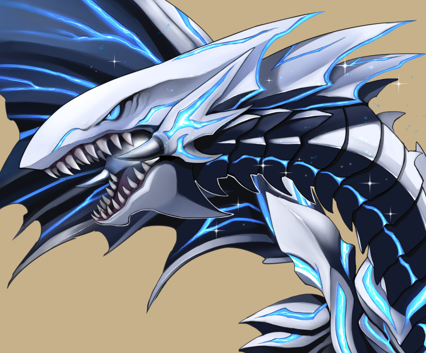 absurdres beige_background bioluminescence blue-eyes_alternative_white_dragon dragon duel_monster glowing highres no_humans open_mouth ryou_(cagw5223) sharp_teeth simple_background teeth upper_body wings yu-gi-oh!