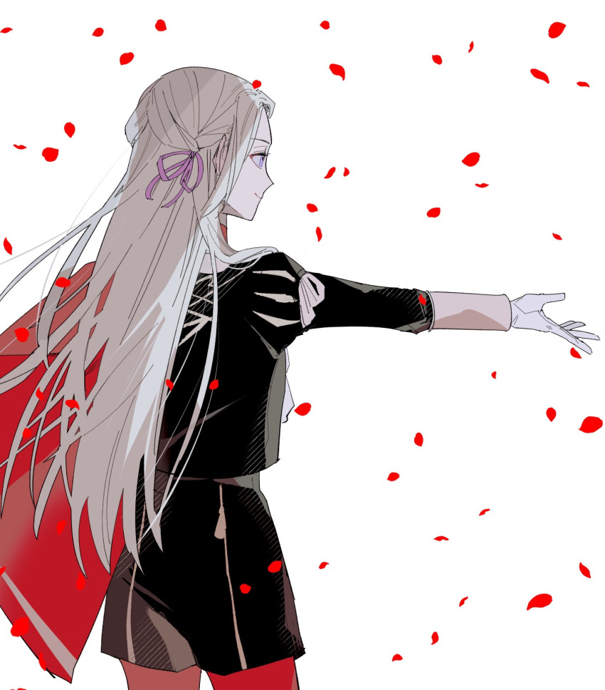 bad_id bad_twitter_id bang_gu9 cape commentary edelgard_von_hresvelg english_commentary female fire_emblem fire_emblem:_three_houses garreg_mach_monastery_uniform gloves highres long_hair petals purple_eyes reaching reaching_towards_viewer simple_background smile solo white_background white_hair