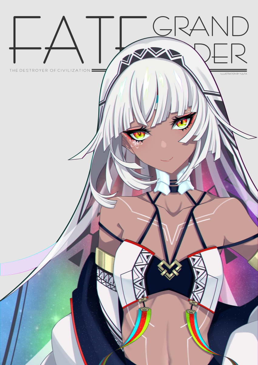 absurdres altera_(fate) artist_name bare_shoulders blush breasts closed_mouth collarbone commentary_request copyright_name dark-skinned_female dark_skin english_text eyebrows_hidden_by_hair eyelashes fate/grand_order fate_(series) female grey_background highres long_hair looking_at_viewer navel red_eyes simple_background small_breasts smile solo upper_body veil very_long_hair white_hair yuuta_(yuuta0312)