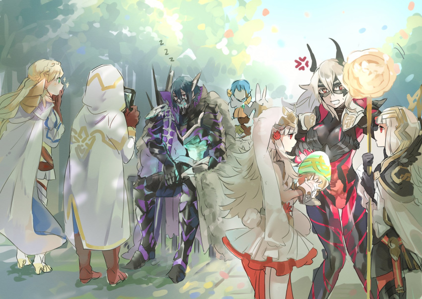 1other 2boys 4girls alfonse_(fire_emblem) anger_vein animal_ears armor blonde_hair blue_hair braid brown_gloves cape crown crown_braid domino_mask dress easter_egg egg fake_animal_ears fire_emblem fire_emblem_heroes from_behind from_side gloves green_eyes grey_hair hair_ornament highres holding holding_staff hood hood_up horns hukashin kiran_(fire_emblem) lif_(fire_emblem) long_hair long_sleeves mask multiple_boys multiple_girls multiple_persona rabbit_ears red_eyes sharena_(fire_emblem) short_dress short_hair sitting staff thrasir_(fire_emblem) veronica_(fire_emblem) veronica_(spring)_(fire_emblem) white_legwear