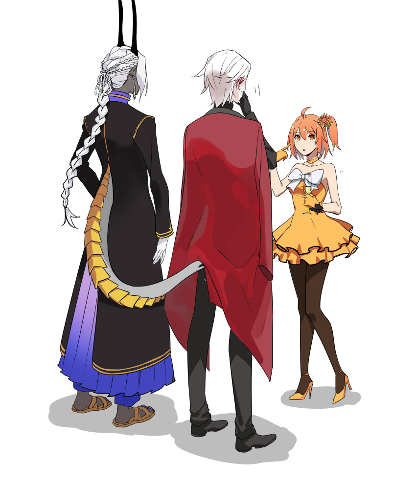 2boys 676643396dolce absurdres ahoge alternate_hairstyle arjuna_(fate) arjuna_alter_(fate) arjuna_alter_(festival_outfit)_(fate) bow braid cape colored_skin commentary_request dress dress_bow fate/apocrypha fate/grand_order fate_(series) female flower formal fujimaru_ritsuka_(female) fujimaru_ritsuka_(female)_(starlight_fest) grey_skin hair_flower hair_ornament hair_slicked_back high_heels highres horns indian_clothes karna_(fate) karna_(formal_dress)_(fate) long_hair multiple_boys official_alternate_costume orange_dress orange_flower orange_hair pantyhose pleated_skirt red_cape sandals side_ponytail skirt suit tail white_hair