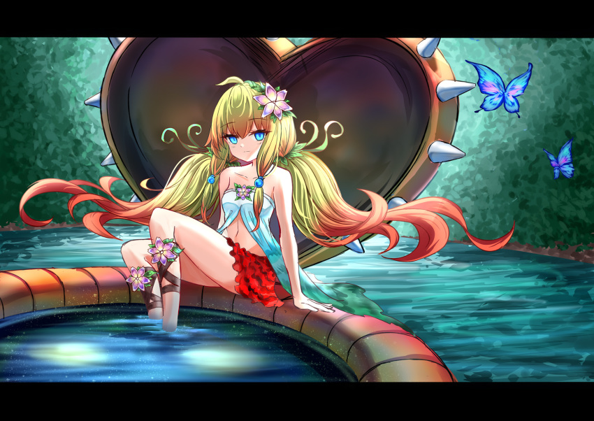 ahoge blonde_hair blue_butterfly blue_hair bug butterfly duel_monster female flower foot_bath gradient_hair hair_flower hair_ornament highres lazupeace letterboxed long_hair looking_at_viewer midriff multicolored_hair pitcher_plant plant red_hair red_skirt skirt solo traptrix_nepenthes water yu-gi-oh!