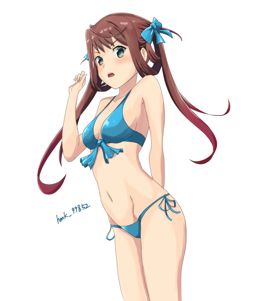 asagumo_(kancolle) bikini breasts brown_hair chuchu_tako commentary_request cowboy_shot female grey_eyes hair_ribbon highres kantai_collection long_hair looking_at_viewer one-hour_drawing_challenge ribbon small_breasts solo standing swimsuit twintails twitter_username