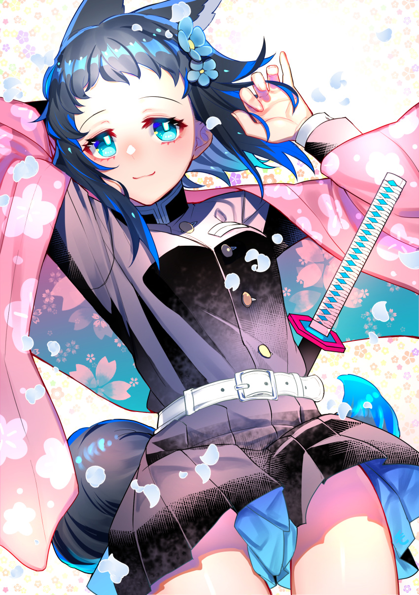 absurdres animal_ears aqua_eyes arms_up belt black_hair black_skirt blue_hair breasts coat commentary_request cowboy_shot demon_slayer_uniform eyelashes female floral_background floral_print flower hair_flower hair_ornament hakeburashi haori highres japanese_clothes katana kimetsu_no_yaiba long_hair long_sleeves looking_at_viewer makomo_(kimetsu) medium_breasts miniskirt multicolored_hair patterned_background petals pleated_skirt scabbard sheath sheathed skirt smile solo sword tail thighs two-tone_hair uniform weapon