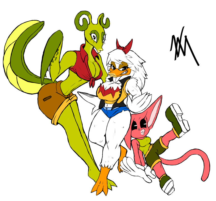 2020 anatid anseriform anthro arthropod avian big_breasts big_tail bird breasts cleavage clothed clothing colored curvy_figure digital_media_(artwork) duck female group hi_res insects mammal mantis nekomajinsama simple_background smile sphinx_cat tail wide_hips