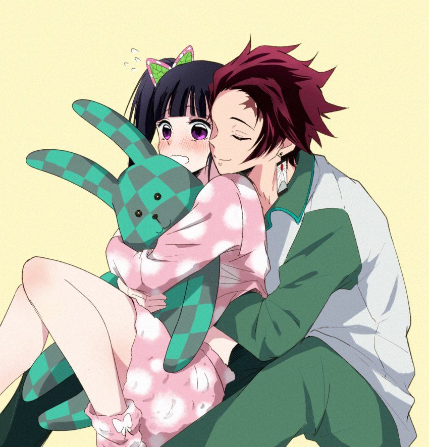 1boy black_hair blush butterfly_hair_ornament closed_eyes closed_mouth couple earrings embarrassed female green_pants green_sleeves hair_ornament hand_under_clothes highres jewelry kamado_tanjirou kimetsu_no_yaiba long_hair long_sleeves miniskirt multicolored_hair pajamas pants pink_shirt pink_skirt polka_dot polka_dot_skirt purple_eyes red_hair san_mon scar scar_on_face scar_on_forehead shirt side_ponytail simple_background skirt straight stuffed_animal stuffed_toy tsuyuri_kanao two-tone_hair white_background white_shirt