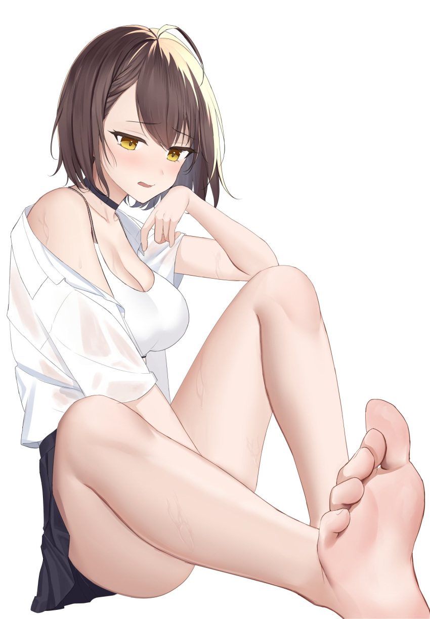 azur_lane baltimore_(azur_lane) barefoot black_choker black_skirt breasts brown_hair choker cleavage collarbone feet female foot_out_of_frame highres jyu-so knee_up large_breasts legs looking_at_viewer open_clothes open_mouth open_shirt shirt short_hair short_sleeves simple_background sitting skirt soles solo sports_bra toes white_background white_shirt white_sports_bra yellow_eyes