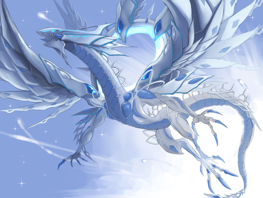 claws deep-eyes_white_dragon dragon duel_monster flying highres no_humans open_mouth ryou_(cagw5223) sharp_teeth tail teeth western_dragon wings yu-gi-oh!