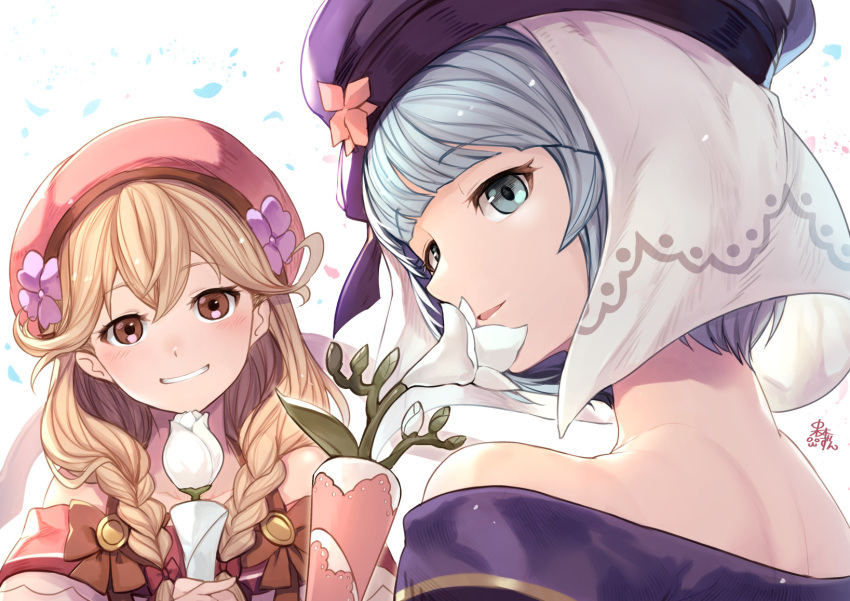 2girls blonde_hair blue_eyes blue_hair bow braid brown_eyes faye_(fire_emblem) faye_(valentine)_(fire_emblem) fire_emblem fire_emblem_echoes:_shadows_of_valentia fire_emblem_heroes flower from_behind grin hairbow hat highres holding long_hair looking_back multiple_girls nakabayashi_zun parted_lips petals short_hair silque_(fire_emblem) silque_(valentine)_(fire_emblem) simple_background smile twin_braids upper_body white_background