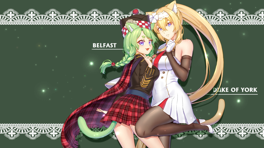 2girls absurdres animal_ears belfast_(warship_girls_r) bingdian_lihua black_legwear blue_eyes breasts cat_ears cat_tail chinese_commentary commentary duke_of_york_(warship_girls_r) highres kilt large_breasts long_hair multiple_girls necktie tail very_long_hair warship_girls_r