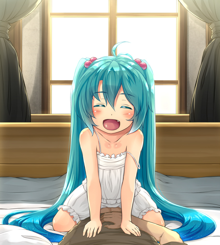 1boy :d ^_^ aged_down ahoge aqua_eyes aqua_hair bloomers blush camisole closed_eyes commentary_request curtains female hair_bobbles hair_ornament hatsune_miku highres kitsunerider long_hair oerba_yun_fang open_mouth pov revision smile solo_focus straddling strap_slip twintails underwear very_long_hair vocaloid window