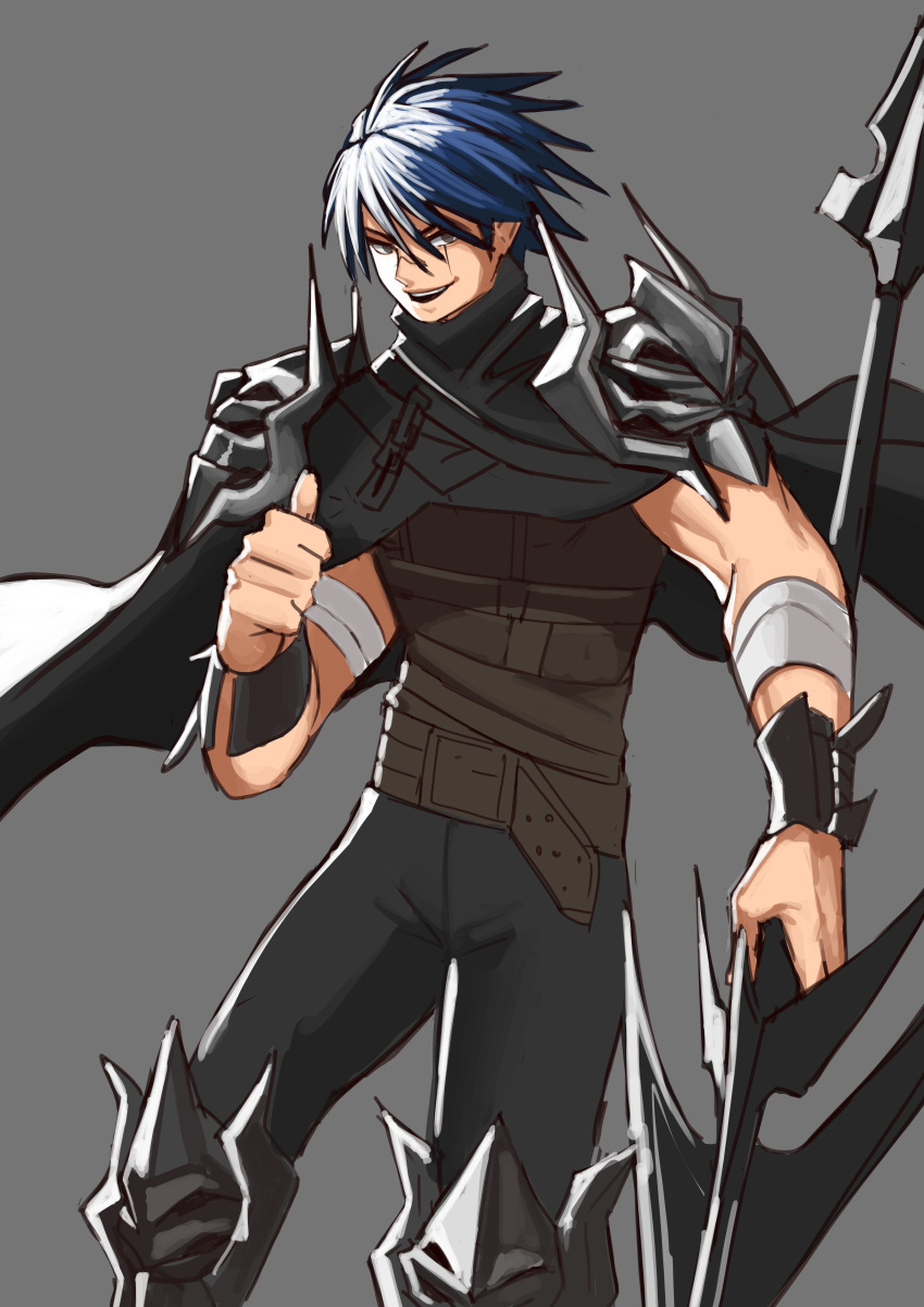 1boy :d absurdres black_cape black_pants blue_hair brown_eyes cape commentary demonic_lancer dungeon_and_fighter english_commentary grey_background hair_between_eyes highres holding holding_weapon looking_at_viewer male_focus open_mouth pants pointing pointing_at_self rktlek159 short_hair simple_background skirmisher smile solo standing weapon wristband