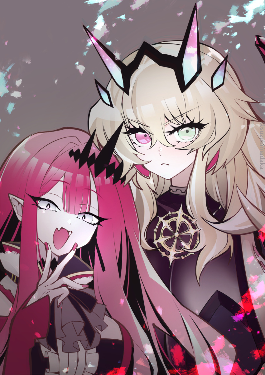 2girls baobhan_sith_(fate) baobhan_sith_(first_ascension)_(fate) bare_shoulders barghest_(fate) barghest_(second_ascension)_(fate) black_dress blonde_hair blush breasts center_frills circlet detached_collar detached_sleeves dress earrings fangs fate/grand_order fate_(series) frills green_eyes grey_eyes heterochromia highres horns jewelry large_breasts long_hair long_sleeves looking_at_viewer medium_breasts multiple_girls open_mouth pink_eyes pink_hair pointy_ears red_dress sidelocks smile suzukimadaka