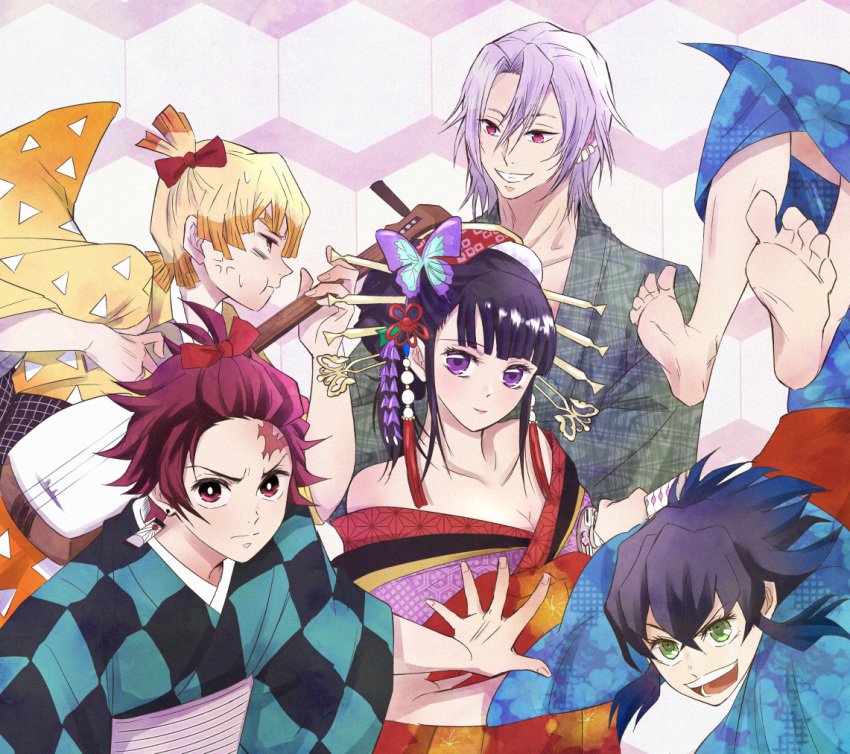 4boys agatsuma_zenitsu alternate_costume alternate_hairstyle anger_vein barefoot blonde_hair blue_hair blush bow breasts butterfly_hair_ornament checkered_clothes checkered_kimono cleavage collarbone female green_eyes green_kimono grey_hair hair_ornament hairbow hairpin haori hashibira_inosuke holding holding_instrument instrument japanese_clothes kamado_tanjirou kimetsu_no_yaiba kimono long_hair looking_at_viewer medium_breasts multicolored_hair multiple_boys off_shoulder one_side_up orange_hair outstretched_hand purple_eyes red_bow red_eyes red_hair san_mon scar scar_on_face scar_on_forehead shamisen short_hair soles tied_hair tsuyuri_kanao two-tone_hair uzui_tengen