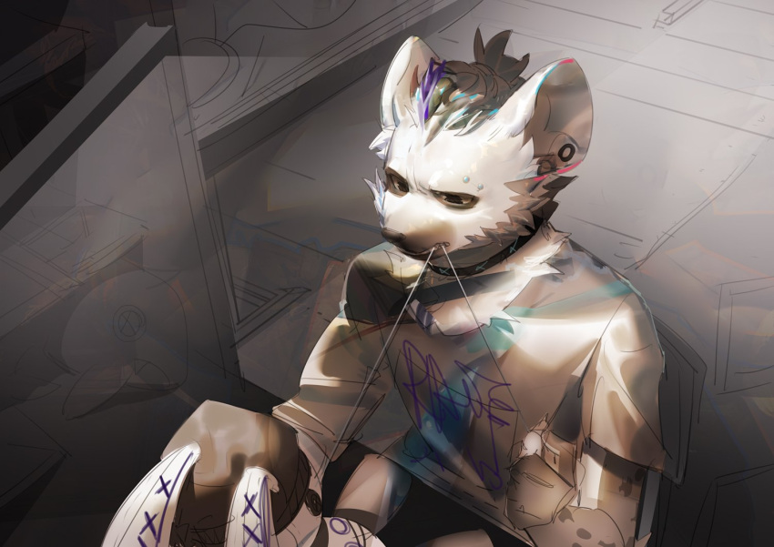 2019 anthro arknights black_hair blue_hair clothing collar ear_piercing eyebrow_piercing facial_piercing fur grey_body grey_fur hair hyena hypergryph looking_at_object male mammal markings multicolored_hair piercing quirrel sewing shirt solo spot_(arknights) spots spotted_body spotted_fur spotted_hyena studio_montagne t-shirt topwear two_tone_hair