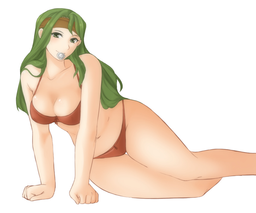 bandana bare_shoulders bra breasts cleavage collarbone condom condom_in_mouth curvy female fire_emblem fire_emblem:_the_sacred_stones fire_emblem_heroes green_eyes green_hair large_breasts light_blush long_hair looking_at_viewer lying mouth_hold navel on_side panties sitting solo syrene_(fire_emblem) thighs transparent_background tridisart underwear wide_hips