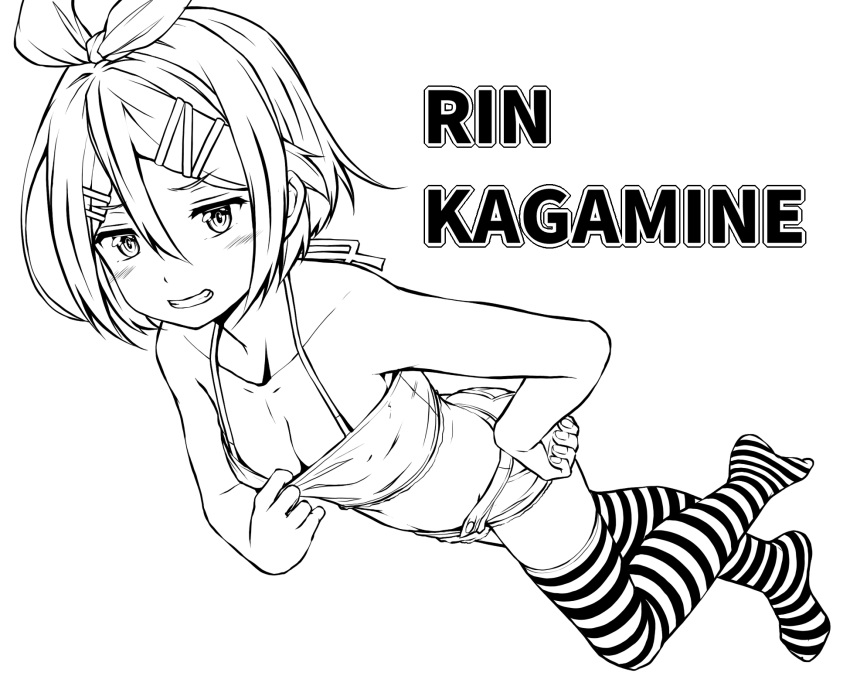 blush breasts camisole camisole_pull character_name cleavage clothes_pull commentary_request downblouse female full_body greyscale grin hair_between_eyes hair_ornament hairclip hand_on_own_hip highres kagamine_rin kitsunerider looking_at_viewer monochrome no_shoes short_hair short_shorts shorts simple_background small_breasts smile solo striped_clothes striped_thighhighs thighhighs vocaloid