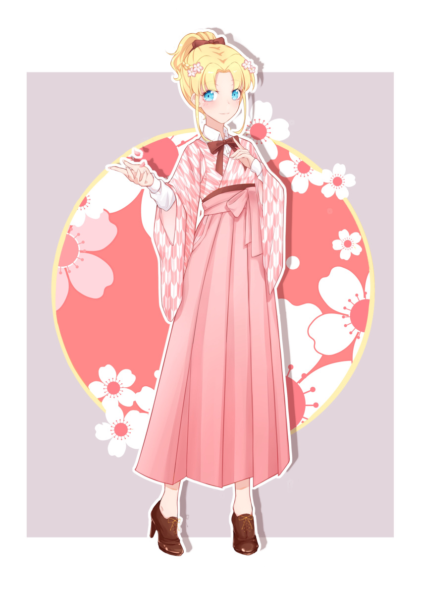 absurdres alternate_costume blonde_hair blue_eyes bow brown_bow brown_footwear commentary_request female floral_background flower full_body grey_background hair_flower hair_ornament hairbow hakama hakama_skirt high-waist_skirt high_heels highres japanese_clothes light_smile long_skirt long_sleeves looking_at_viewer maria_campbell miko_hanako otome_game_no_hametsu_flag_shika_nai_akuyaku_reijou_ni_tensei_shite_shimatta outline outstretched_hand petals pink_hakama pink_skirt pleated_skirt shirt shoes short_hair short_ponytail simple_background skirt solo white_outline white_shirt wide_sleeves wing_collar yagasuri