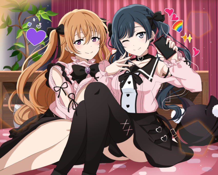 2girls absurdres alternate_hairstyle black_choker black_hair black_nails black_thighhighs brown_hair cellphone choker collarbone commentary_request grey_eyes highres holding holding_phone indoors jirai_kei konoe_kanata korean_commentary long_hair long_sleeves looking_at_viewer love_live! love_live!_nijigasaki_high_school_idol_club multiple_girls nail_polish one_eye_closed phone pink_shirt purple_eyes shirt sitting smartphone smile thighhighs twintails two_side_up wavy_hair yuki_setsuna_(love_live!) yumel_lot