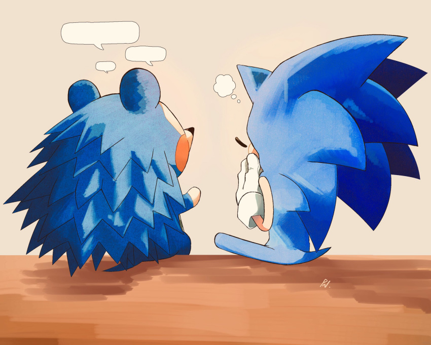 1boy 555_pn animal_crossing blank_speech_bubble crossover female furry furry_male gloves hedgehog highres mabel_able_(animal_crossing) sitting sonic_(series) sonic_the_hedgehog speech_bubble spiky spines thought_bubble trait_connection white_gloves