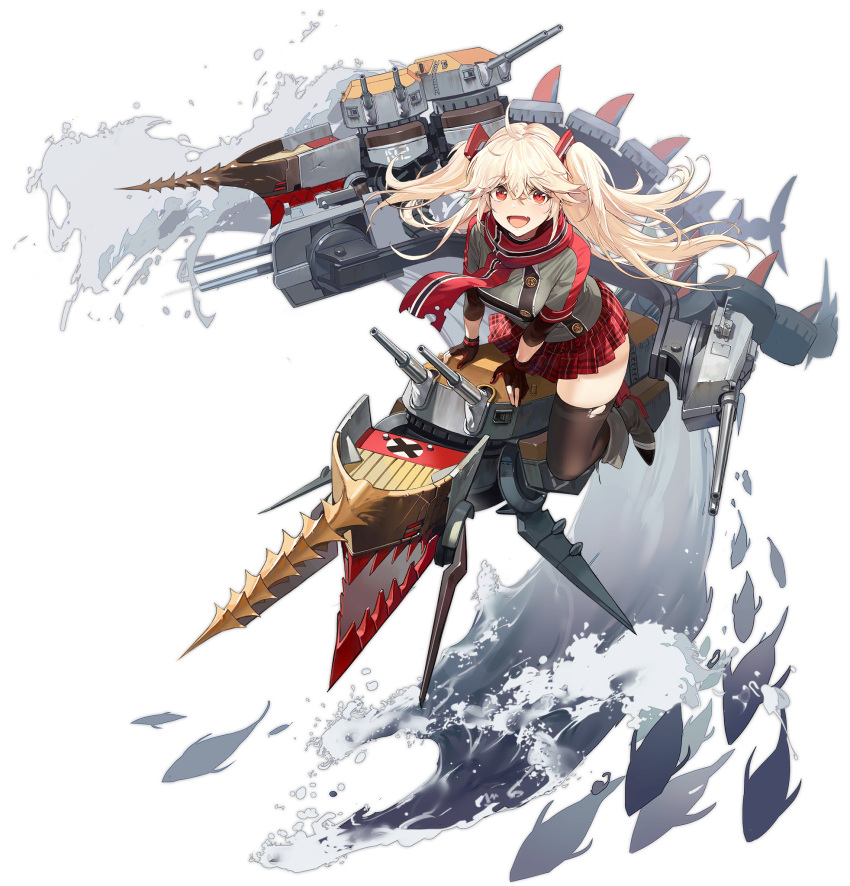 azur_lane blonde_hair bluecher_(azur_lane) character_name female gloves highres kurumi_(recycllamo) long_hair looking_at_viewer oerba_yun_fang official_art one_eye_closed open_mouth pleated_skirt red_eyes scarf skirt smile thighhighs transparent_background