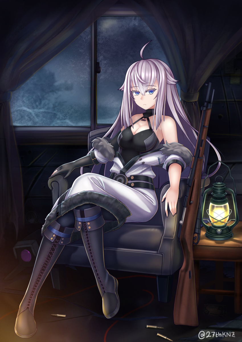 ahoge armchair barcode barcode_tattoo bare_shoulders black_gloves black_leotard blue_eyes bolt_action boots breasts cartridge chair cleavage cleavage_cutout clothing_cutout coat codename:_bakery_girl curtains dinergate_(girls'_frontline) elbow_gloves female frown full_body fur_trim girls'_frontline gloves gun hair_between_eyes highres in-franchise_crossover indoors jefuty_(bakery_girl) knee_boots kuronekozero lantern leotard long_hair looking_at_viewer medium_hair mosin-nagant off_shoulder on_chair purple_hair reverse_collapse_(series) rifle single_elbow_glove sitting solo tattoo twitter_username weapon white_coat window