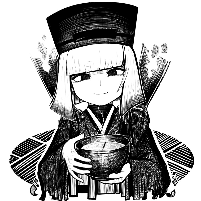 blunt_bangs chajinbou cup discat disembodied_hand fate/grand_order fate_(series) female ghost_hands gradient_hair greyscale hat highres holding holding_cup japanese_clothes kimono long_sleeves looking_at_viewer medium_hair monochrome multicolored_hair sen_no_rikyu_(fate) sen_no_rikyu_(second_ascension)_(fate) short_hair smile solo_focus tea wide_sleeves yunomi