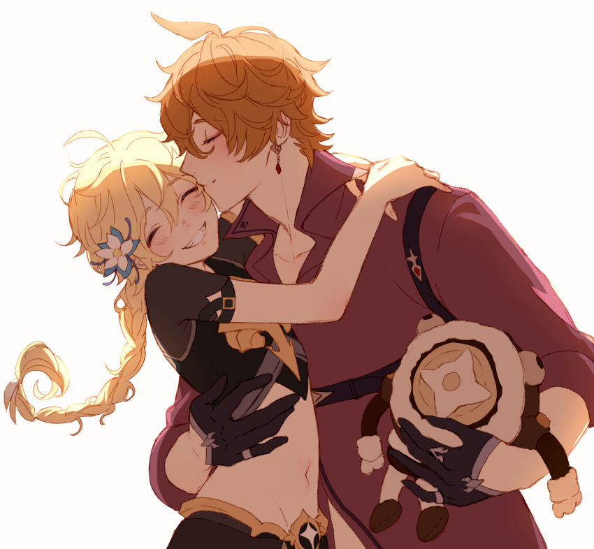 2boys aether_(genshin_impact) arm_around_waist black_gloves blonde_hair blush braid closed_eyes couple crop_top earrings flower genshin_impact gloves grin hair_between_eyes hair_flower hair_ornament highres jewelry kissing kissing_cheek long_hair male_focus multiple_boys navel orange_hair red_shirt redbeanegg ruin_guard_(genshin_impact) shirt short_sleeves simple_background single_braid single_earring smile stuffed_toy tartaglia_(genshin_impact) white_background yaoi