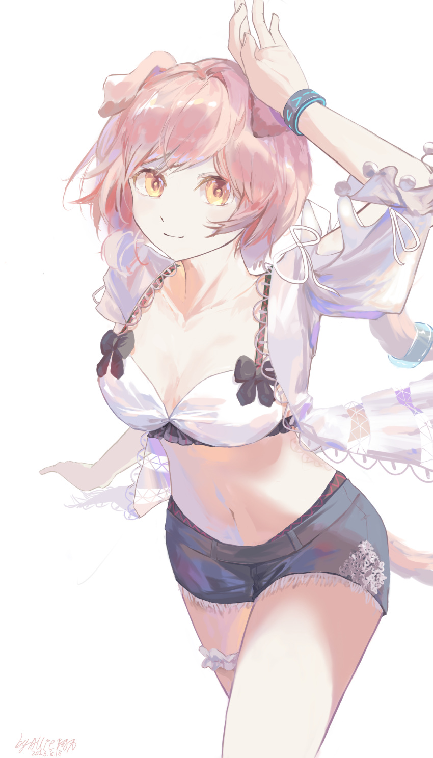 absurdres allieali animal_ears arknights bikini blue_shorts breasts cat_ears cat_girl cat_tail chinese_commentary cleavage commentary_request cowboy_shot female floppy_ears goldenglow_(arknights) goldenglow_(summer_flowers)_(arknights) hand_up highres infection_monitor_(arknights) looking_at_viewer medium_breasts official_alternate_costume pink_hair short_hair short_shorts shorts simple_background smile solo swimsuit tail white_background white_bikini yellow_eyes