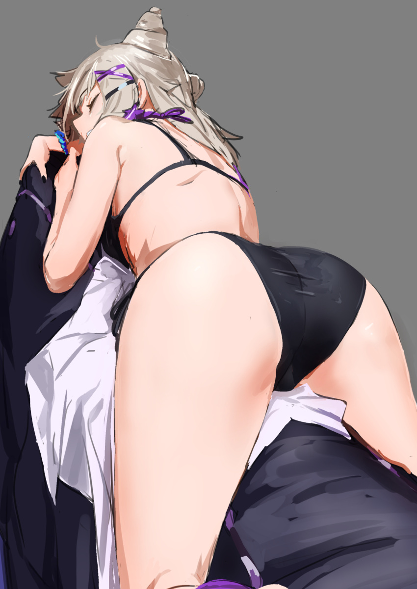 aa-12_(girls'_frontline) aa-12_(smokeless_lollipop)_(girls'_frontline) ahoge ass bags_under_eyes black_nails bra cone_hair_bun earrings female from_behind girls'_frontline grey_background hair_bun highres jewelry light_brown_hair long_hair nail_polish panties sanderson shirt simple_background sleeping solo star_(symbol) star_earrings underwear unworn_shirt white_shirt wristband