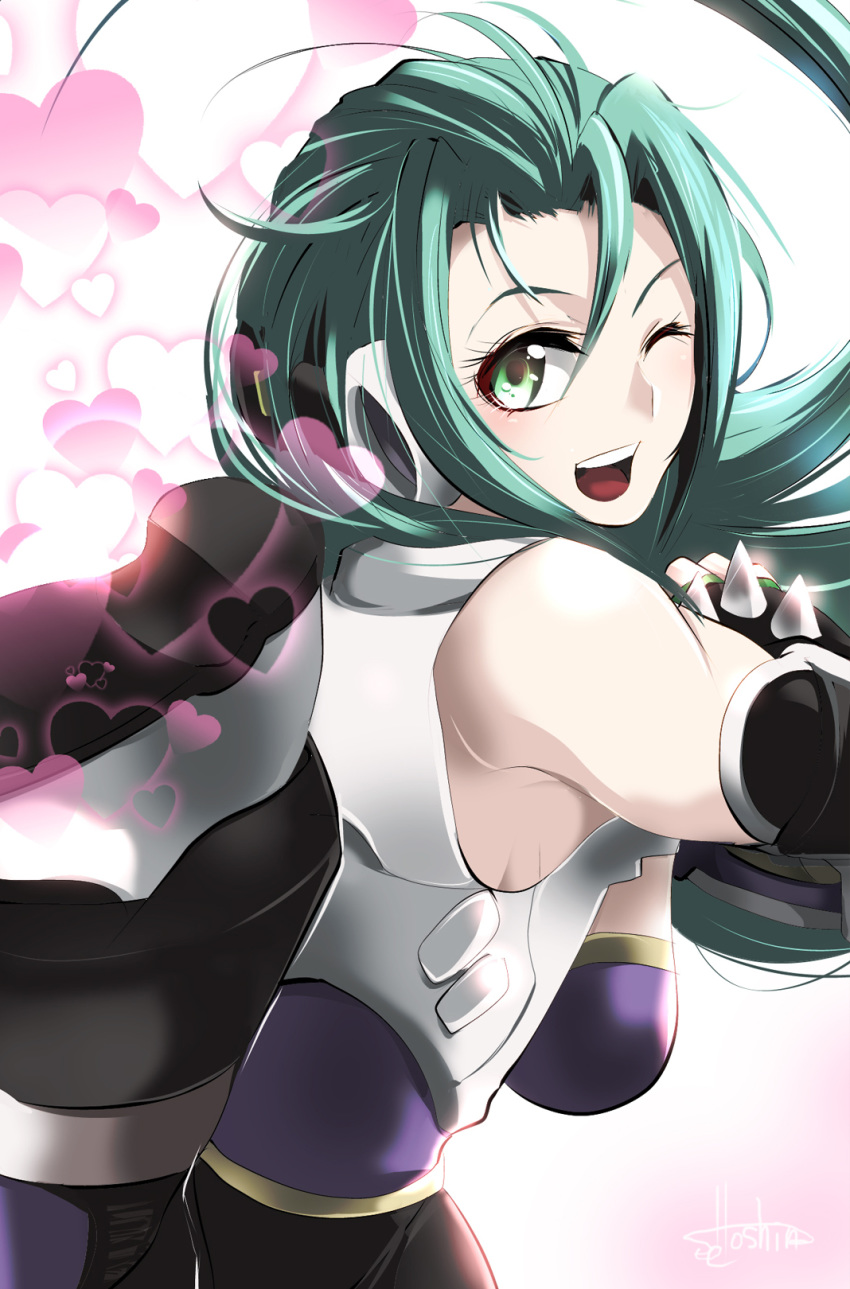 aschen_brodel black_gloves boots breasts female floating_hair from_side gloves green_eyes green_hair hair_between_eyes heart highres hoshino_(pixiv12796893) long_hair looking_back medium_breasts one_eye_closed open_mouth shoe_soles solo spiked_gloves super_robot_wars super_robot_wars_og_saga_mugen_no_frontier