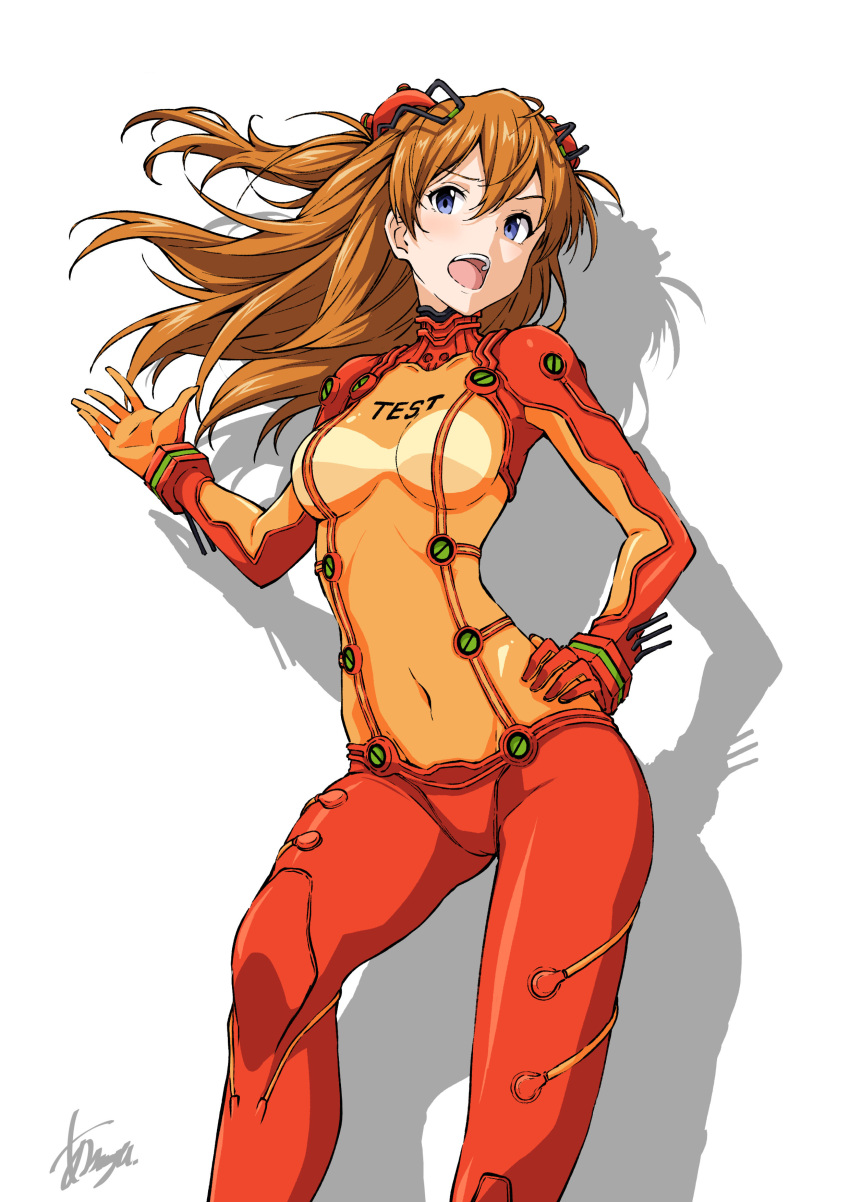 absurdres asanaya blue_eyes bodysuit braid breasts contrapposto covered_navel evangelion:_2.0_you_can_(not)_advance feet_out_of_frame female hair_ornament hand_on_own_hip headgear highres interface_headset long_hair looking_at_viewer midriff multicolored_bodysuit multicolored_clothes navel neon_genesis_evangelion open_mouth orange_bodysuit orange_hair plugsuit rebuild_of_evangelion red_bodysuit see-through signature skin_tight small_breasts solo souryuu_asuka_langley test_plugsuit two_side_up