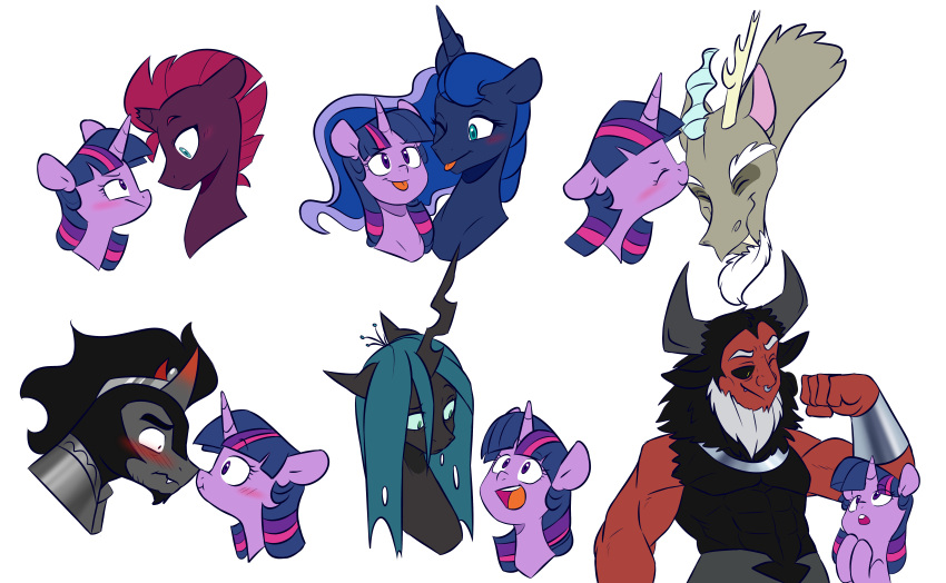 2020 2_horns 5_fingers abs absurd_res anthro antlers armor arthropod beard black_body black_fur black_sclera blue_body blue_eyes blush boop broken_horn changeling chimera crown digital_media_(artwork) discord_(mlp) doodlemark draconequus duo equid equine eyebrows facial_hair facial_piercing female feral fingers friendship_is_magic fur green_eyes grey_body hair hasbro headgear hi_res horn king_sombra_(mlp) male mammal multiple_images multiple_partners muscular muscular_anthro muscular_male muscular_taur my_little_pony my_little_pony:_the_movie_(2017) mythological_creature mythological_equine mythology nose_piercing nose_ring one_eye_closed open_mouth piercing pink_hair princess_luna_(mlp) purple_body purple_eyes queen_chrysalis_(mlp) red_body red_skin ring_piercing simple_background smile taur tempest_shadow_(mlp) tirek_(mlp) tongue tongue_out twilight_sparkle_(mlp) unicorn unicorn_horn white_background yellow_eyes