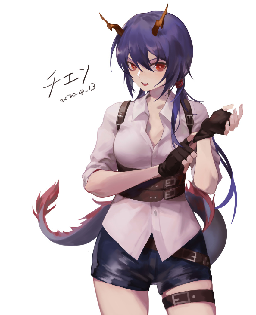 absurdres arknights black_shorts blue_hair ch'en_(arknights) collared_shirt cowboy_shot dragon_horns dragon_tail dress_shirt female fingerless_gloves gloves hair_between_eyes highres horns looking_at_viewer low_twintails multiple_straps narakuuu putting_on_gloves red_eyes shirt short_shorts short_sleeves shorts solo tail thigh_strap twintails white_shirt