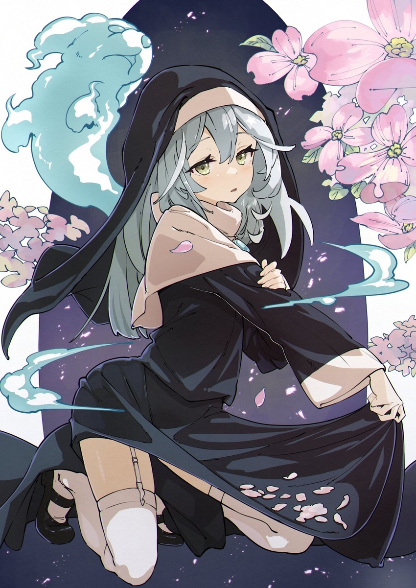 black_robe canine dogwood_(flower) duel_monster female flower garter_straps ghost ghost_sister_&_spooky_dogwood grey_hair habit hand_on_own_arm highres long_hair long_sleeves name_connection nun object_namesake open_mouth outstretched_arm petals pink_flower robe robe_lift skirt_basket sleeves_past_wrists solo thighhighs ushiki_yoshitaka white_thighhighs yellow_eyes yu-gi-oh!