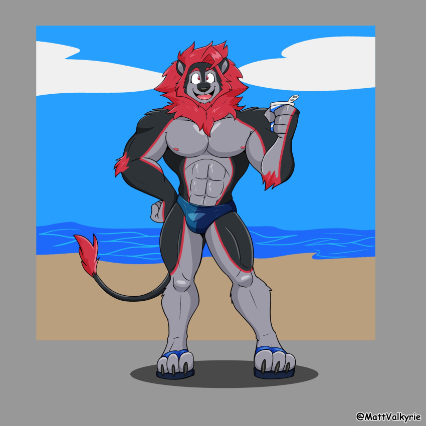 1:1 anthro athletic athletic_anthro athletic_male beach blue_clothing blue_swimwear clothing container cup cup_in_hand felid footwear hand_on_hip hi_res holding_container holding_cup holding_object lion male mammal mane mattvalkyrie muscular muscular_anthro muscular_male open_mouth open_smile pantherine red_mane rike_(troy300) sandals seaside smile solo speedo swimwear tail