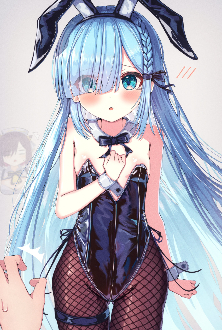 1boy 2girls ^^^ absurdres alternate_costume animal_ears aqua_eyes azur_lane bare_shoulders black_leotard blue_eyes blue_hair blunt_bangs blush bow bowtie braid breasts commander_(azur_lane) commentary_request detached_collar eyes_visible_through_hair fake_animal_ears fishnet_pantyhose fishnets grey_background hair_between_eyes hair_over_one_eye hand_up highres janus_(azur_lane) jervis_(azur_lane) leotard long_hair multiple_girls open_mouth pantyhose pekoli playboy_bunny purple_hair rabbit_ears short_hair simple_background small_breasts strapless strapless_leotard surprised sweatdrop triangle_mouth very_long_hair