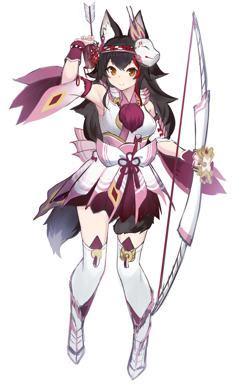 alternate_costume animal_ear_fluff animal_ears armpit_crease arrow_(projectile) bare_shoulders black_hair boots bow_(weapon) breasts closed_mouth commentary_request cosplay detached_sleeves female fox_mask full_body highres holding holding_bow_(weapon) holding_weapon hololive looking_at_viewer magical_girl mask mask_on_head medium_breasts mizutsune_(armor) monster_hunter_(series) multicolored_hair ookami_mio red_hair sidelocks simple_background smile solo standing streaked_hair tail tail_around_own_leg tail_wrap thigh_boots thighhighs virtual_youtuber weapon white_background white_footwear white_thighhighs wolf_ears wolf_girl wolf_tail yamabuki7979 yellow_eyes