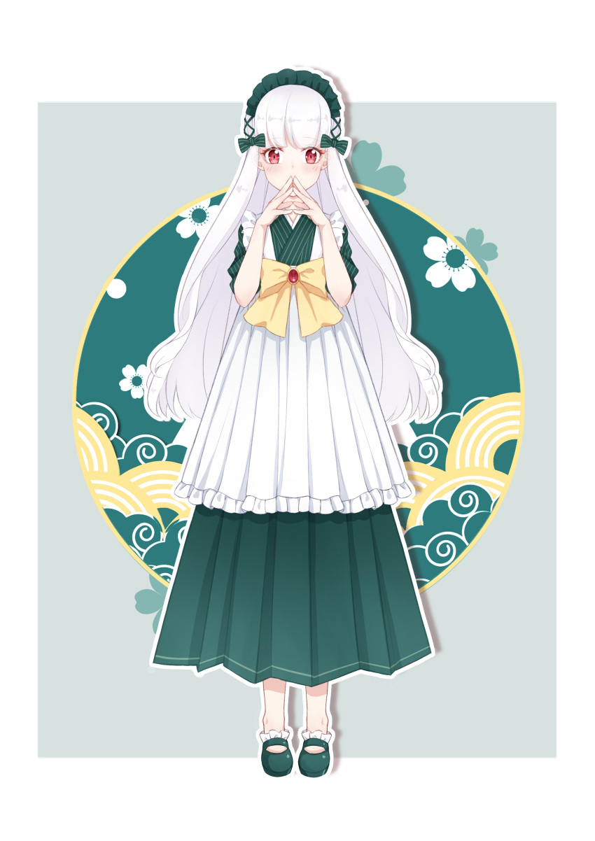 absurdres albino blunt_bangs commentary_request female floral_background frills full_body green_footwear green_skirt grey_background headdress highres japanese_clothes long_hair long_skirt looking_at_viewer miko_hanako otome_game_no_hametsu_flag_shika_nai_akuyaku_reijou_ni_tensei_shite_shimatta outline pleated_skirt red_eyes shoes simple_background skirt solo sophia_ascart steepled_fingers very_long_hair white_hair white_outline