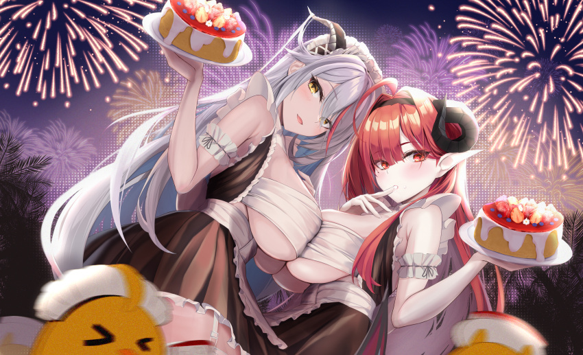 2girls absurdres aegir_(azur_lane) aegir_(iron_blood's_dragon_maid)_(azur_lane) ahoge alternate_costume azur_lane breast_press breasts cake chest_sarashi cleavage dirndl dress dutch_angle finger_to_mouth fireworks food from_side german_clothes grey_hair highres hindenburg_(azur_lane) holding holding_plate horns large_breasts long_hair looking_at_viewer manjuu_(azur_lane) matching_outfits multiple_girls night official_alternate_costume open_mouth plate pointy_ears red_eyes red_hair sarashi sideboob smile spekkio36 symmetrical_docking underboob yellow_eyes